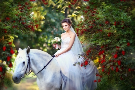 Just Married - flowers, girl, bride, horse