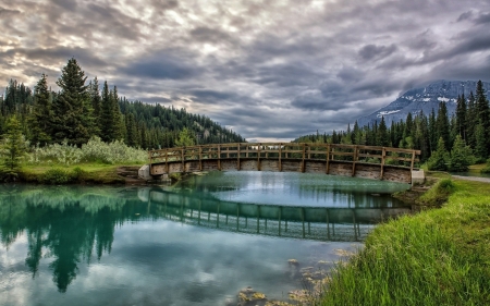 Wooden Bridge Above The Lake - nature, sky, lake, trees, reflection, clouds, bridge