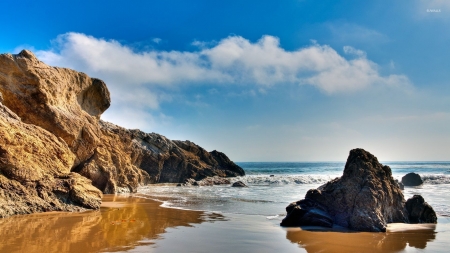 Cliff on the Shore - clouds, shore, nature, beach, cliffs, ocean, sky