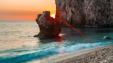 Sun Rising Between The Rocky Shore - nature, ocean, beach, water, shore, sunrising, rocky, coast