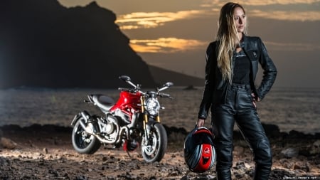 ducati - ducati, sunset, cliff, girl, ocean