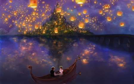 Romantic moment - couple, water, fantasy, art, yellow, lantern, luminos, blue, tangled, boat