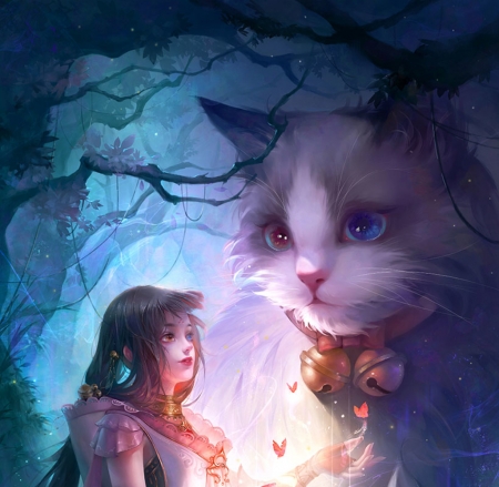 :-) - girl, cat, luminos, blue, gjschoolart, pisici, bell, fantasy