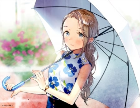 A New Chapter In Life - Cute, Blush, Flowers, Beautiful, Umbrella, Anco, Anime, Girl, Ponytail, Swet