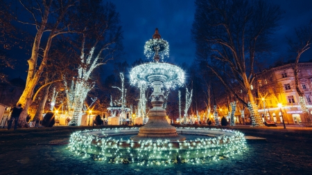 Zagreb, Croatia - winter, fountain, lights, night, buildings