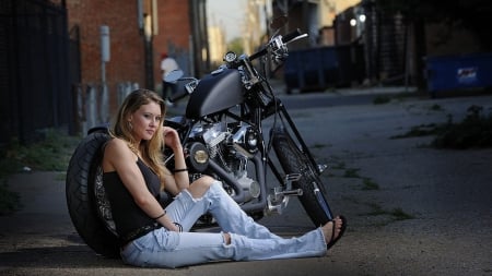 lazy afternoon - girl, motorcycle, laneway, building