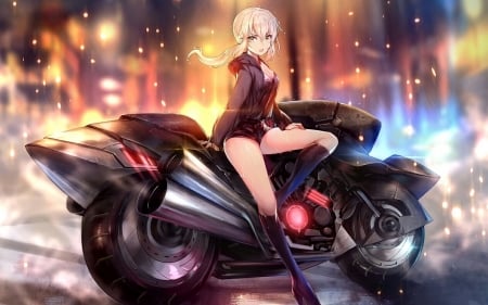 my sweet ride - girl, motorcycle, lights, rain