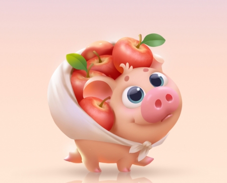 :-) - pig, fantasy, lynn chen, red, fruit, apple, pink, child