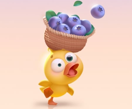 Duckling - bird, lynn chen, duckling, fantasy, bascket, funny, fruit, cute, blueberry