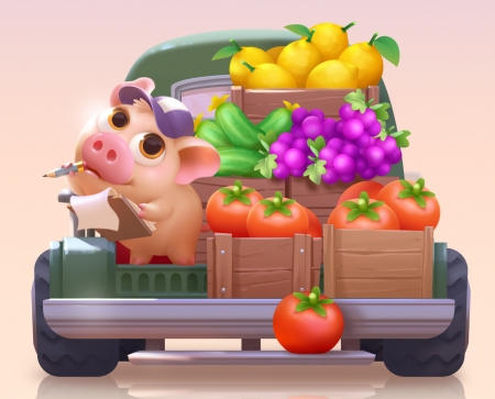 :-) - pig, truck, grapes, fantasy, lynn chen, fruit, tomato, lemon