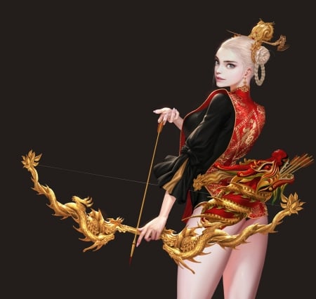 Archer - archer, girl, blonde, black, frumusete, fantasy, red, asian, luminos