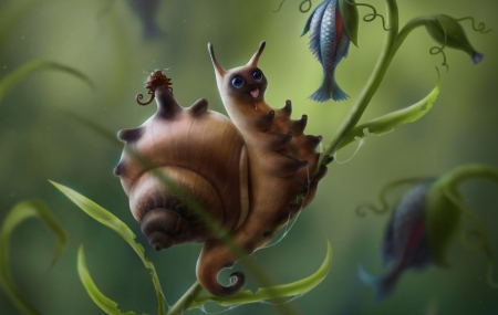 Snailcat - creature, fantasy, green, brown, snailcat, nelly amosova