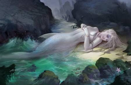 Mermaid - bi taiwei, vara, girl, water, frumusete, summer, fantasy, art, mermaid, luminos, blue, rock, sea