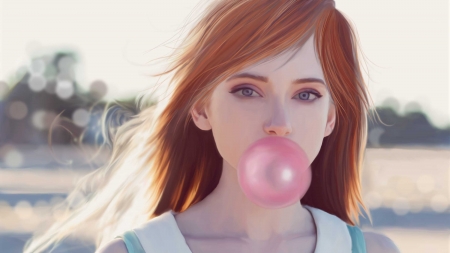 Blowing bubble-gum - fantasy, redhead, bubble gum, girl, pink, luminos