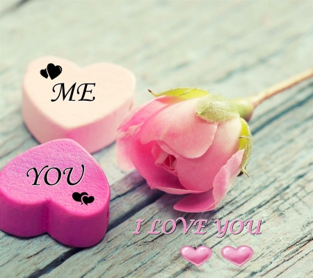 Me  an  You - flower, candy, wood, hearts