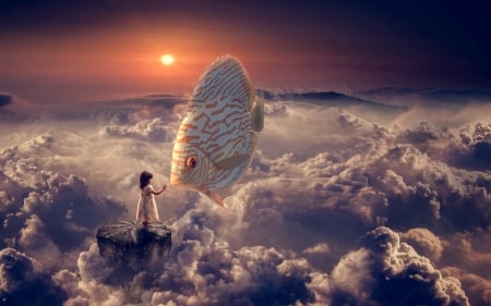 Fishing - clouds, moon, fantasy, fish, child, dream, sky