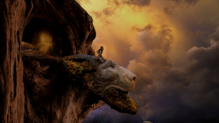 :-) - cloud, fantasy, orange, head, luminos, girl, lion