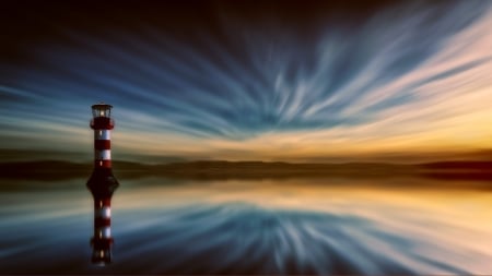 Striped Lighthouse Reflection - calm, horizon, water, nature, lighthouse, sea, reflection, sky