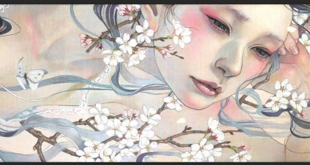 Spring - blossom, girl, spring, face, flower, art, mihohirano, miho hirano