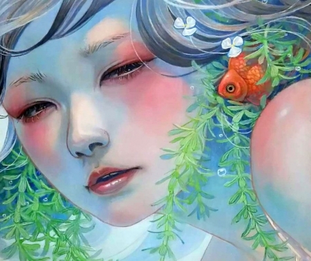 Mermaid - peste, summer, portrait, girl, orange, mihohirano, siren, mermaid, green, painting, face, fish, art, vara, luminos, miho hirano