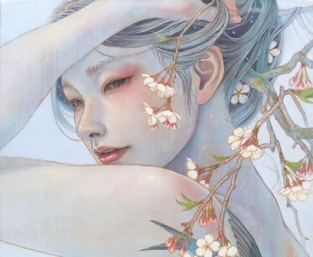 Spring - painting, girl, spring, flower, mihohirano, miho hirano