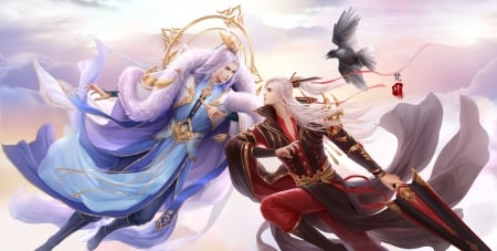 :) - couple, asian, fantasy, bird, fan xiu, red, luminos, man, blue