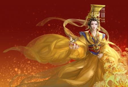 Empress - empress, yellow, queen, girl, emilyg, fantasy, red, golden, asian, luminos