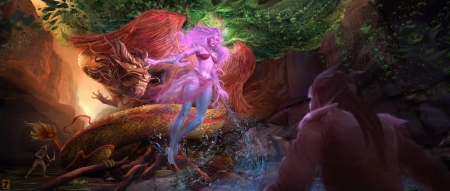 The awakening dragon - girl, pink, orange, long ken, fantasy, dragon, green, art, luminos