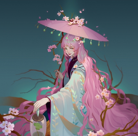 Princess - hat, blue, ly, girl, flower, pink, fantasy, umbrella, parasol, asian, luminos