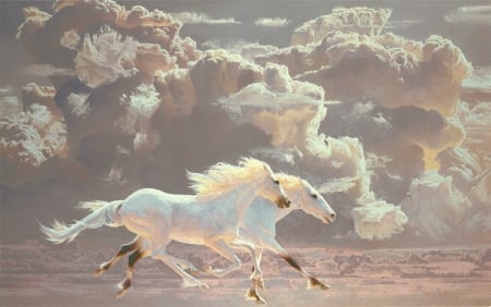 White lightning by Ruo Li - cloud, horse, ruo li, running, ruoli, art, white, fantasy, luminos, cal