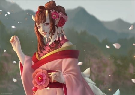 Momo - girl, momo, asian, fantasy, horns, onmyouji, pink, luminos, red, kimono, indah siregar, flower, demon