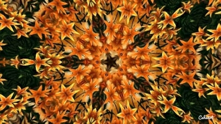 Abstract - mandala, flower, orange, by cehenot, cehenot, painting, art