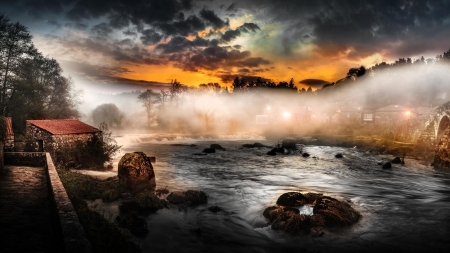 Tambre River (Spain) - river, nature, fog, spain, evening, landscape