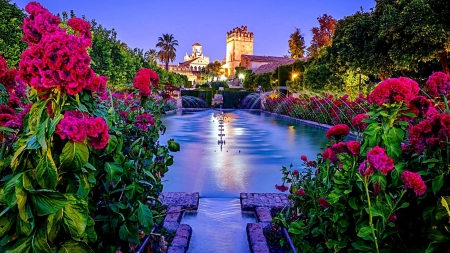 Beautiful Castles - lake, reflection, flowers, castle, nature, night