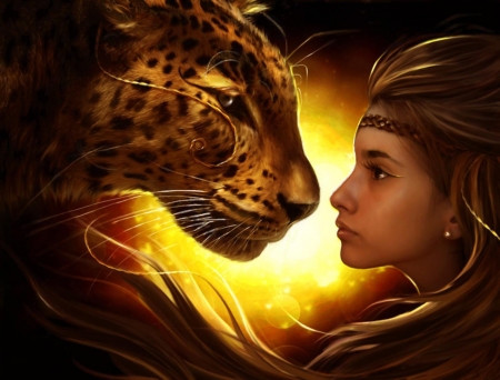 face to face - art, girl, fantasy, tiger