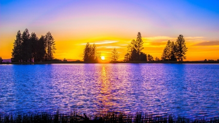 Scenic View of a Lake Against the Sunset - trees, sunset, nature, evening, lake, dusk, sky