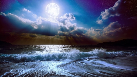 Sea Waves in the Moonlight - nature, horizon, ocean, clouds, moonlight, sea, waves