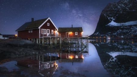 Red Houses Under the Milky Way - house, nature, lights, lake, milky way, stars