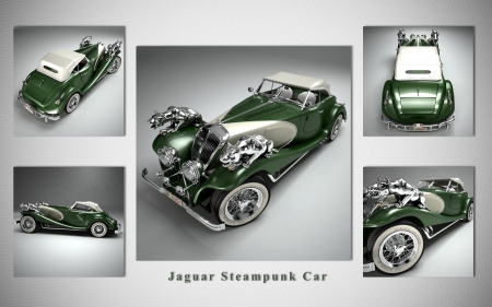 Jaguar Steampunk Car - convertible, steampunk, green, car, Jaguar, collage