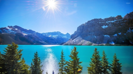 Bright Sun in the Clear Sky - lake, sky, mountains, trees, nature, sun