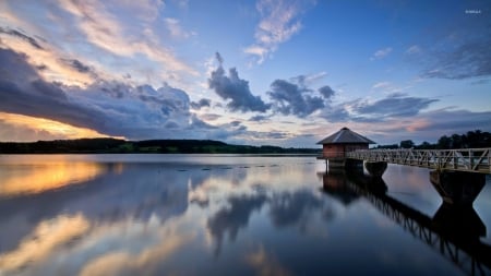 Cabin at the End of the Pier - clouds, piar, nature, cabin, sea, reflection, sky