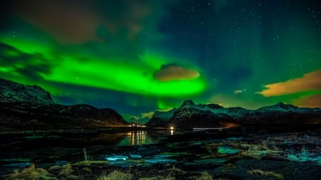 Northern Lights Over Lofoten,Norway - nature, northern, lights, lake, night, mountains, sky