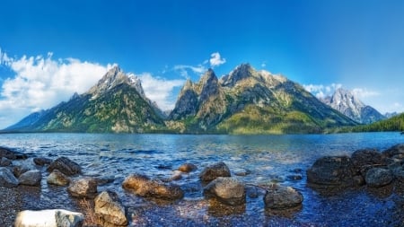 Jenny Lake (Grand Teton National Park) - nature, lake, mountains, stones, park, rocks, sky