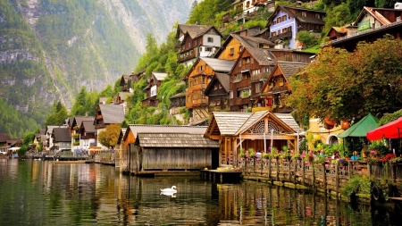 Hallstatt, Salzkammergut, Austria - nature, village, lake, houses, trees, reflection, water, mountains