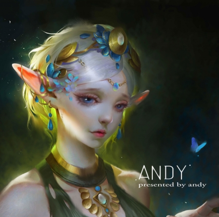 Elf - yellow, blue, girl, andy, elf, frumusete, fantasy, butterfly, art, luminos