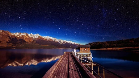 Footbridge in Lake Wakatipu, New Zealand - nature, sky, lake, reflection, mountains, bridge, starry