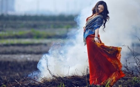 gypsy - girl, skirt, outdoors, smoke