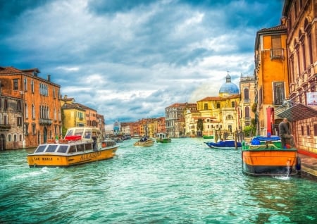 Venice - clouds, boats, iitaly, hdr, canal, city, houses, sky