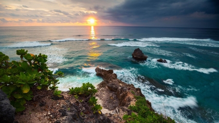 Ocean Sunset - horizon, sunset, Nature, waves, ocean, stones, sky