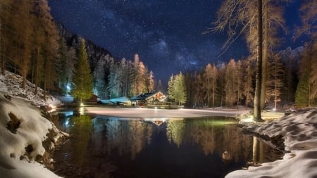 Starry Sky - milky, trees, winter, nature, lake, forest, reflection, sky